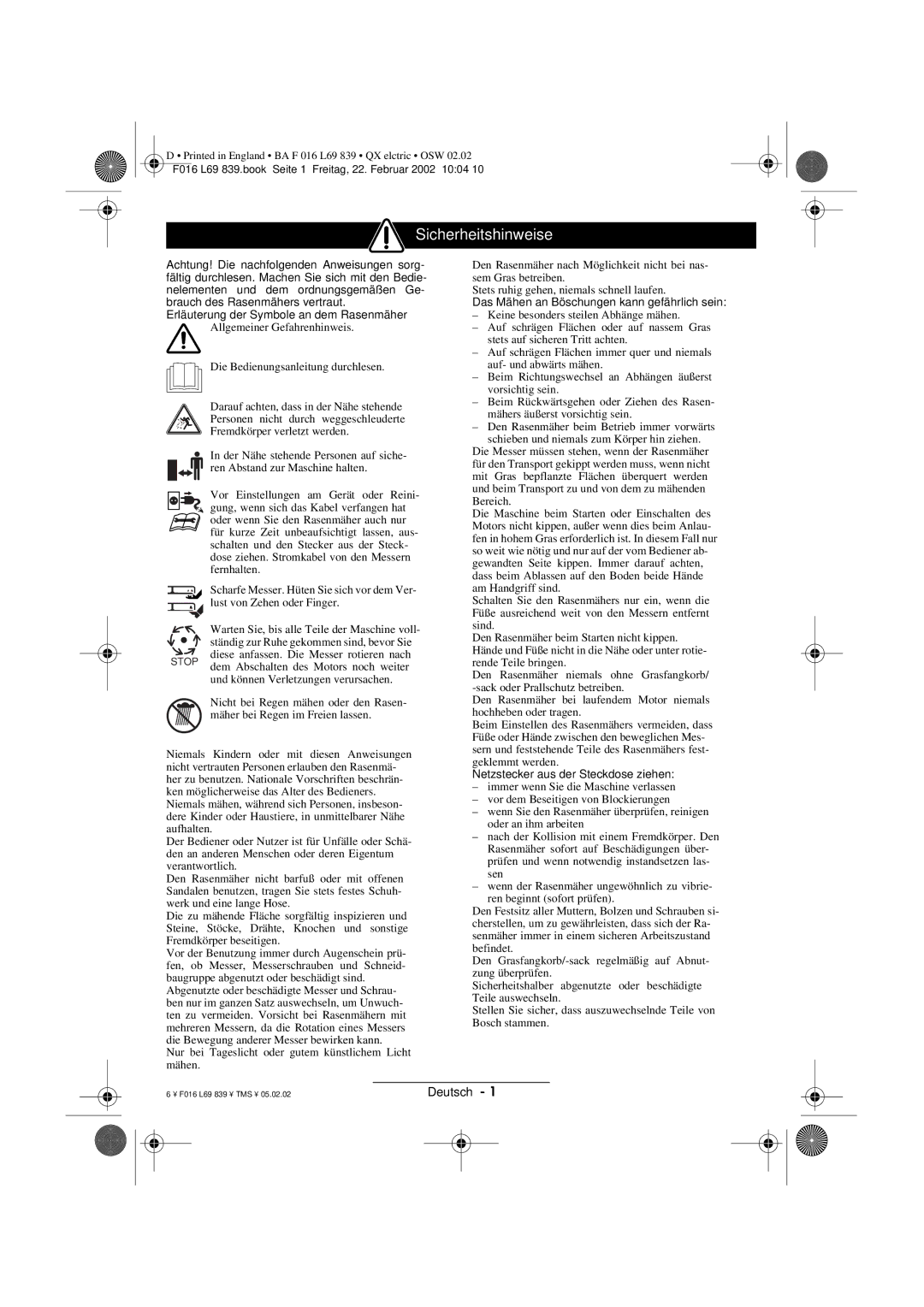 Atco QX operating instructions Sicherheitshinweise 