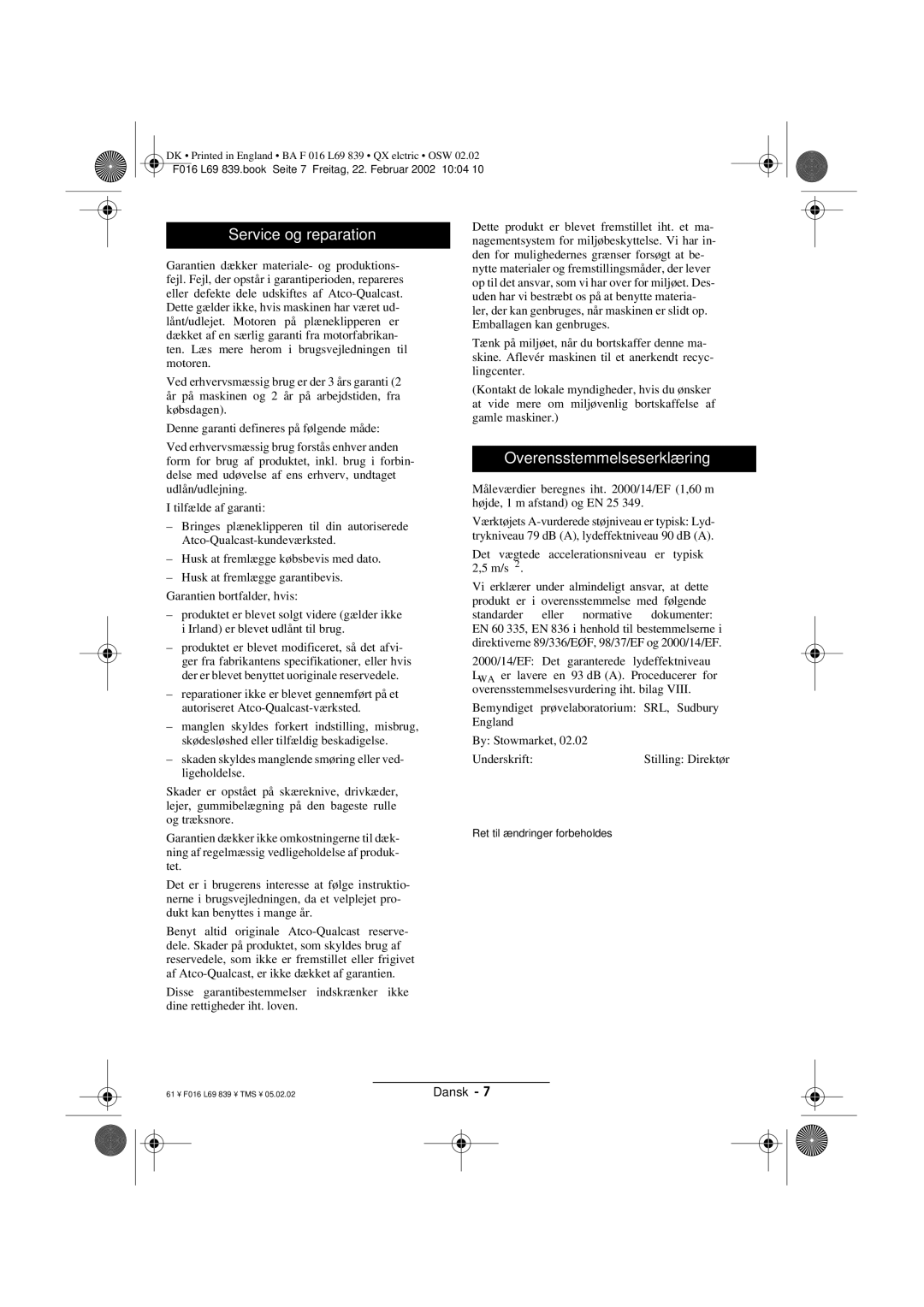 Atco QX operating instructions Service og reparation, Overensstemmelseserklæring 