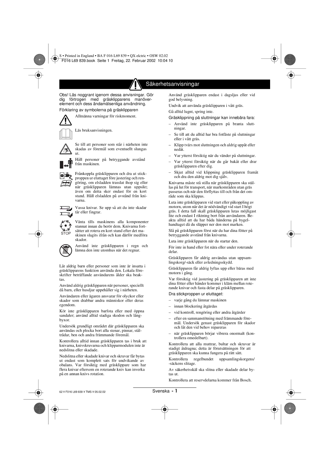 Atco QX operating instructions Säkerhetsanvisningar 