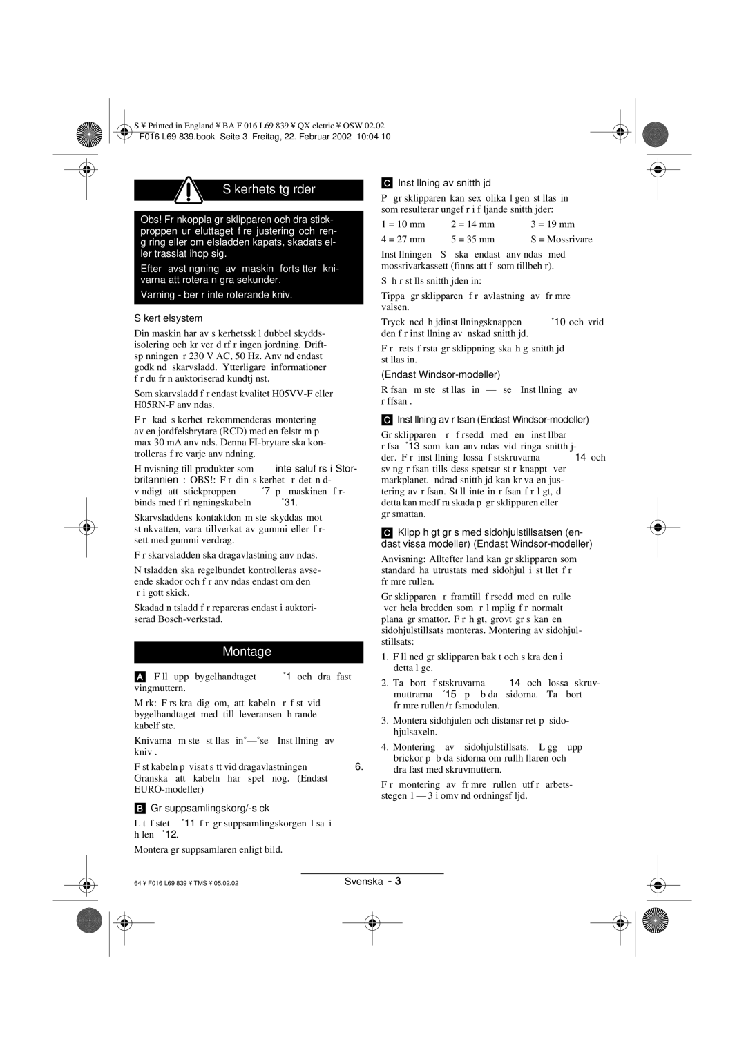 Atco QX operating instructions Säkerhetsåtgärder, Montage 