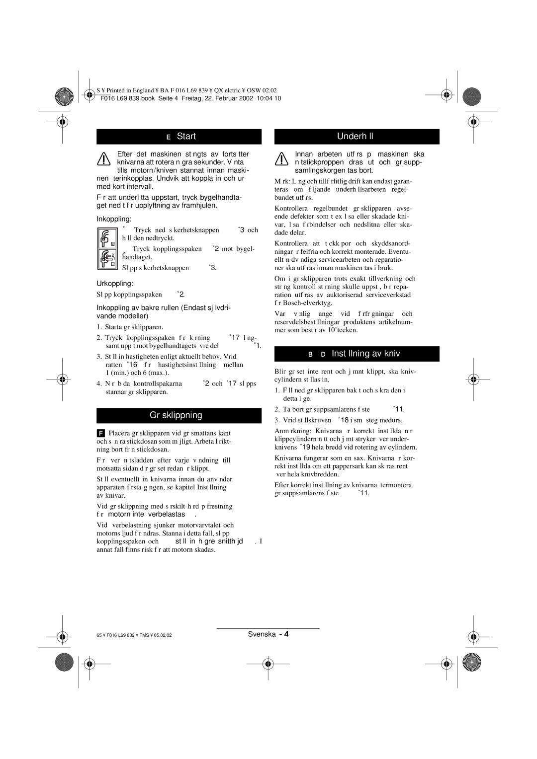 Atco QX operating instructions Start Underhåll, Gräsklippning, Inställning av kniv 