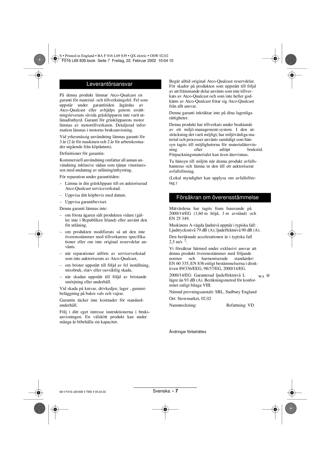 Atco QX operating instructions Leverantörsansvar, Försäkran om överensstämmelse 