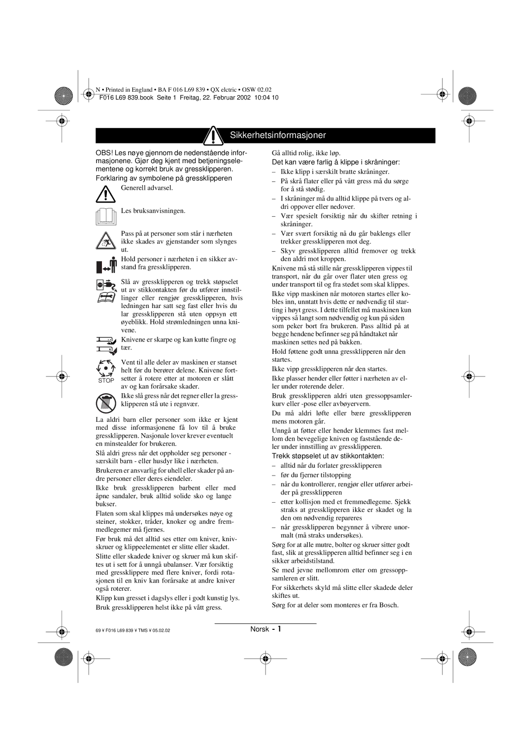 Atco QX operating instructions Sikkerhetsinformasjoner 