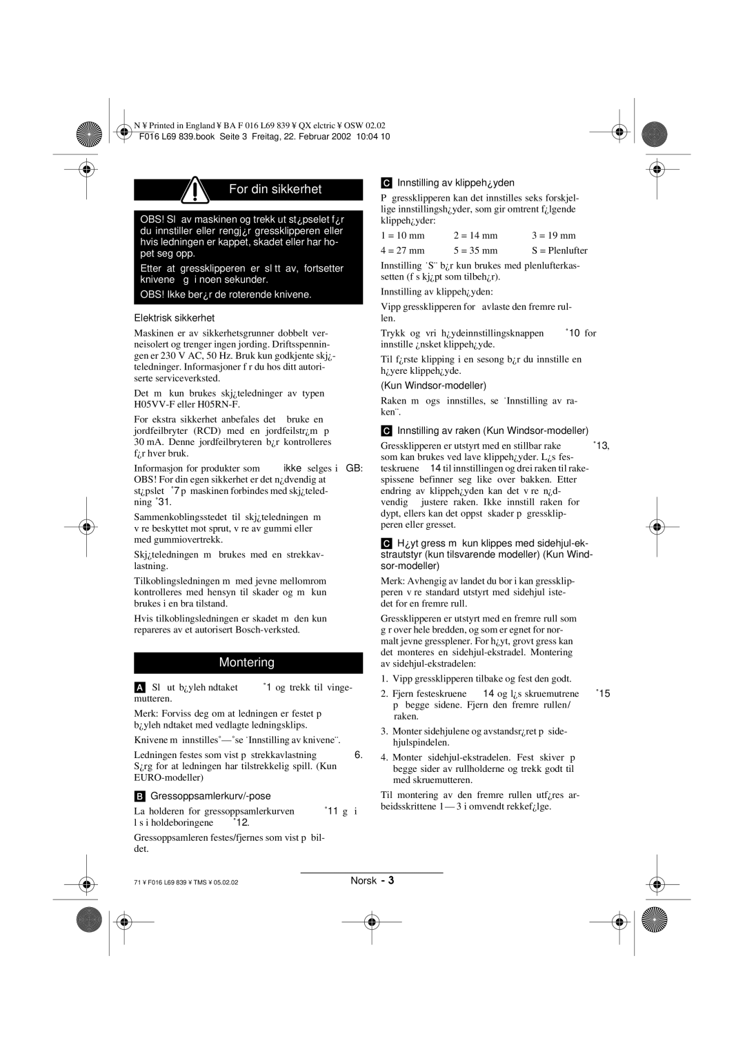 Atco QX operating instructions For din sikkerhet, Montering 