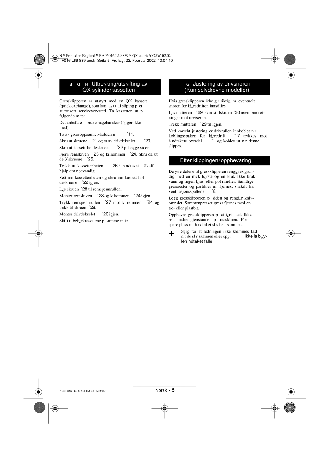 Atco QX operating instructions Etter klippingen/oppbevaring 