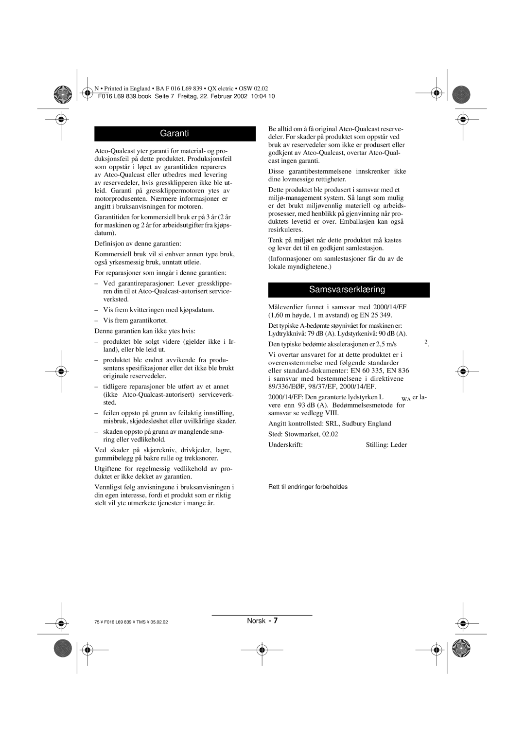 Atco QX operating instructions Garanti, Samsvarserklæring 