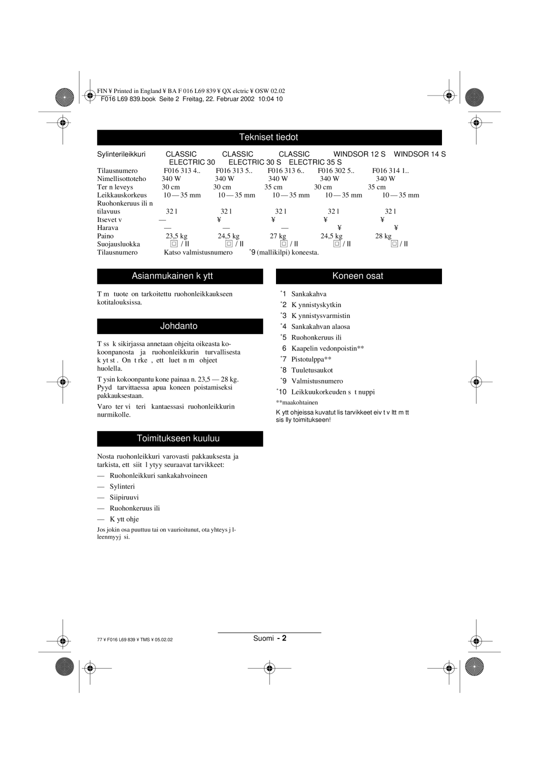 Atco QX operating instructions Tekniset tiedot, Asianmukainen käyttö Koneen osat, Johdanto, Toimitukseen kuuluu 