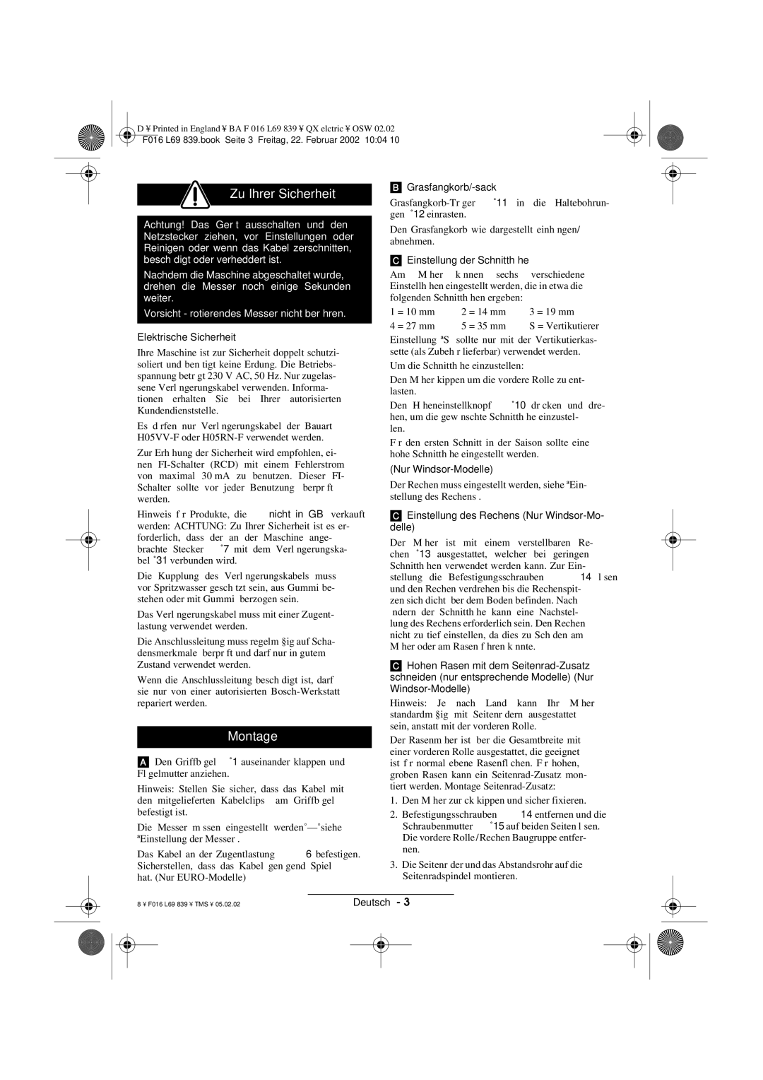 Atco QX operating instructions Zu Ihrer Sicherheit, Montage 