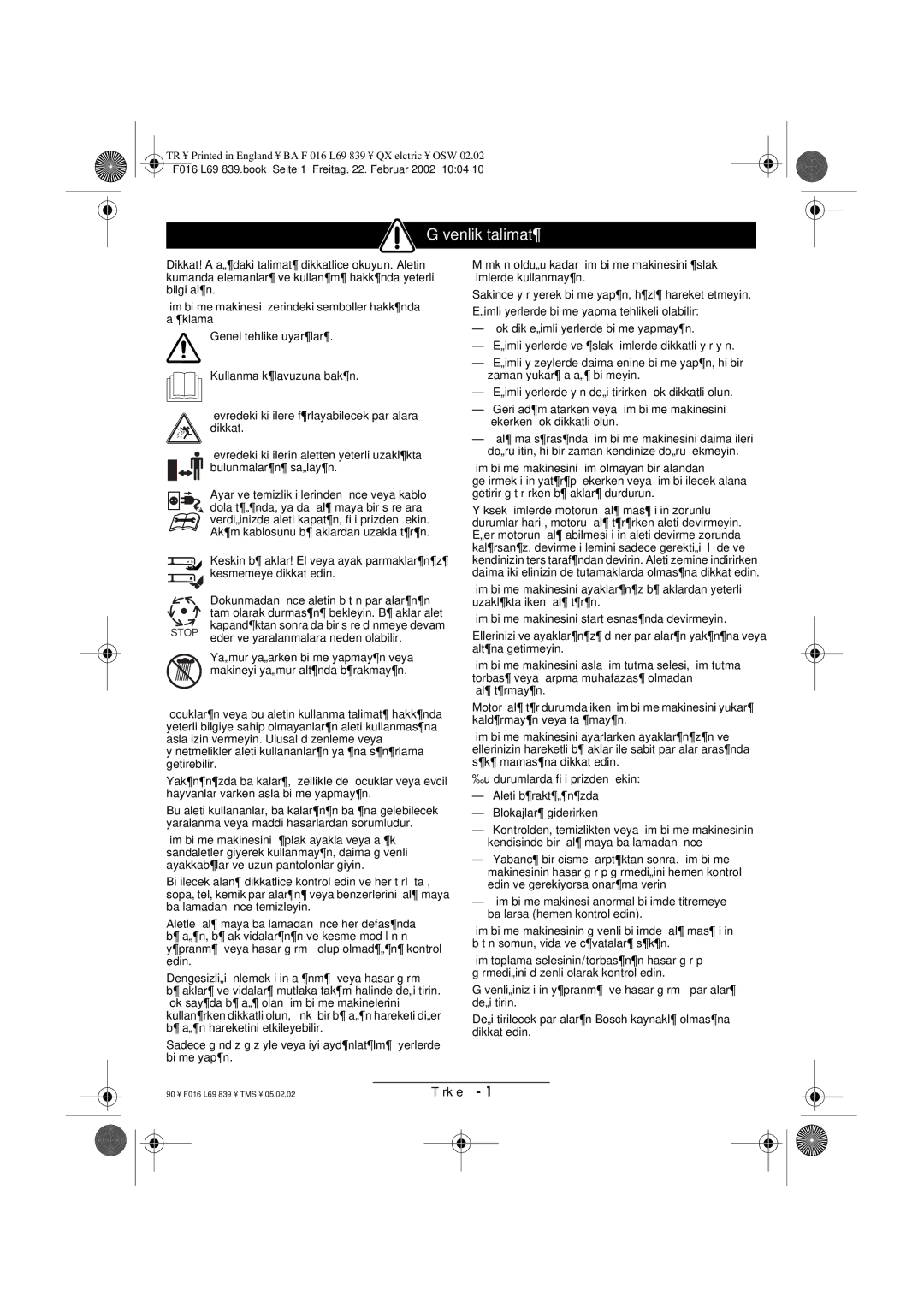 Atco QX operating instructions GŸvenlik talimat¶, Kesmemeye dikkat edin 