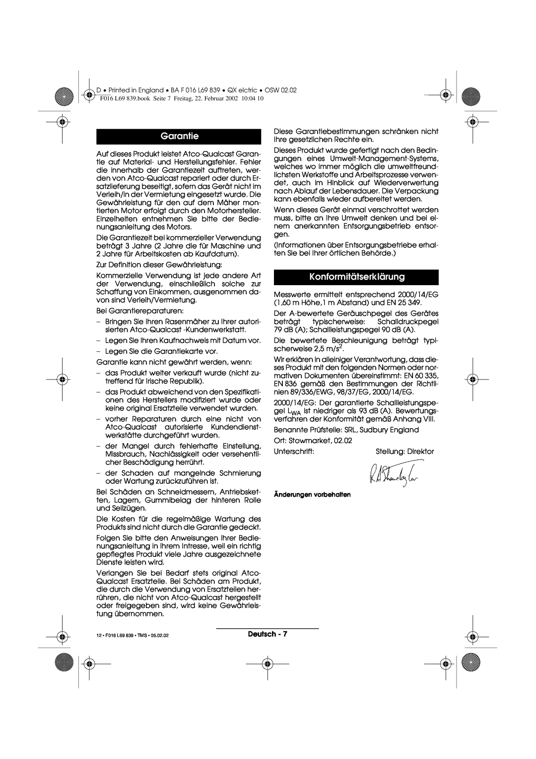 Atco QX operating instructions Garantie, Konformitätserklärung, F016 L69 839.book Seite 7 Freitag, 22. Februar 2002 1004 