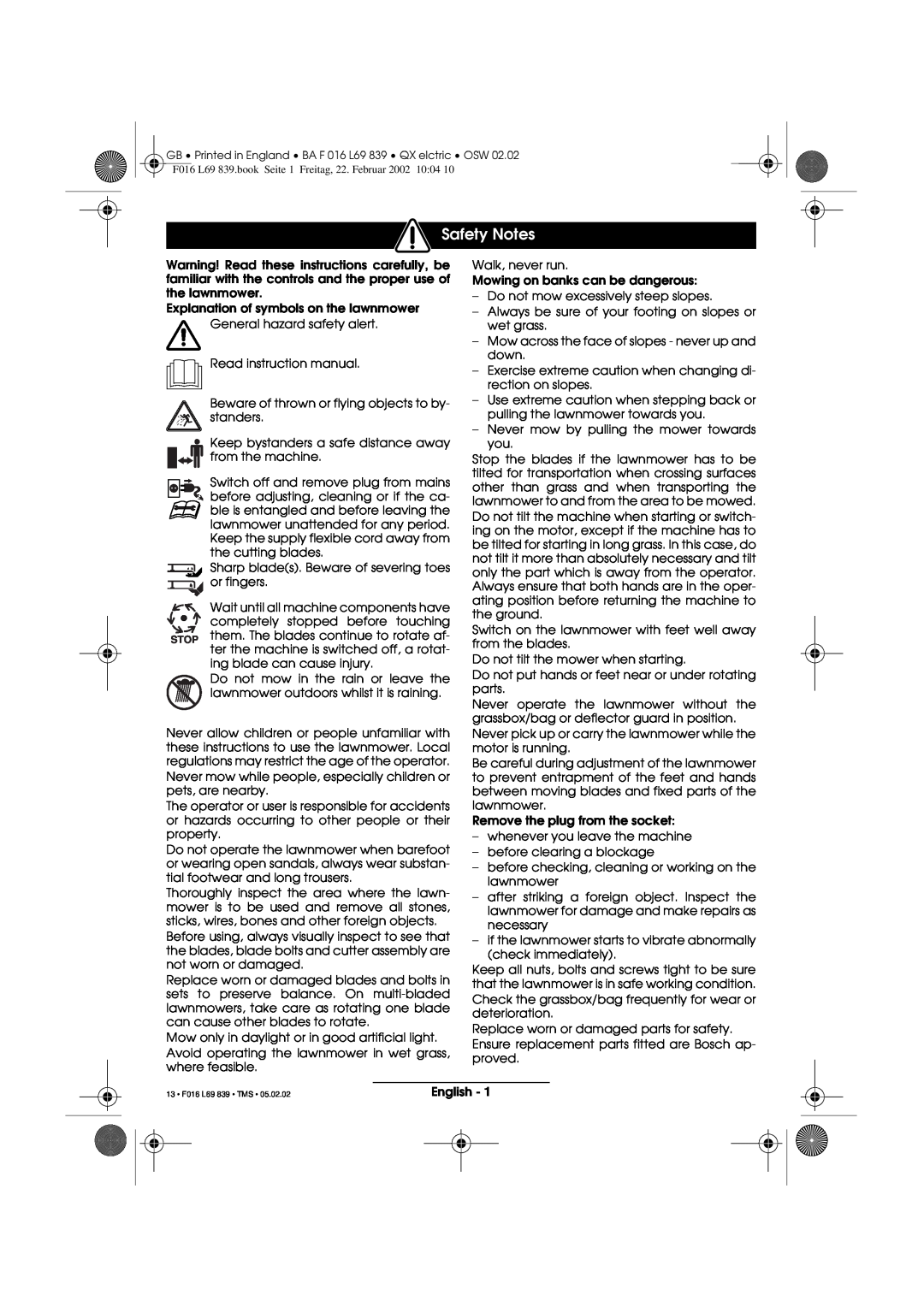 Atco QX operating instructions Safety Notes 
