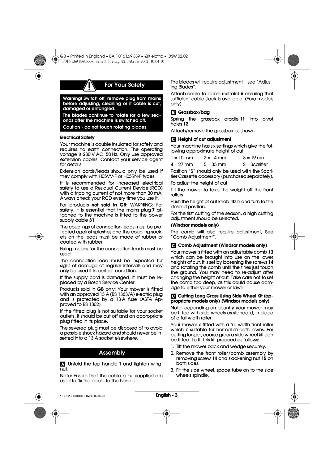 Atco QX operating instructions For Your Safety, Assembly 