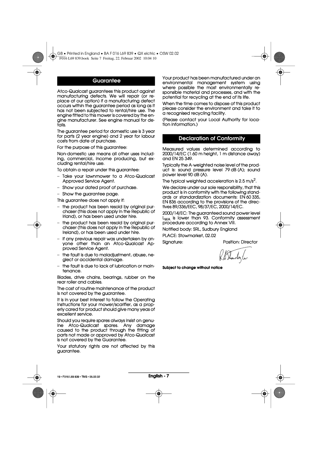 Atco QX operating instructions Guarantee, Declaration of Conformity, 19 F016 L69 839 TMS 