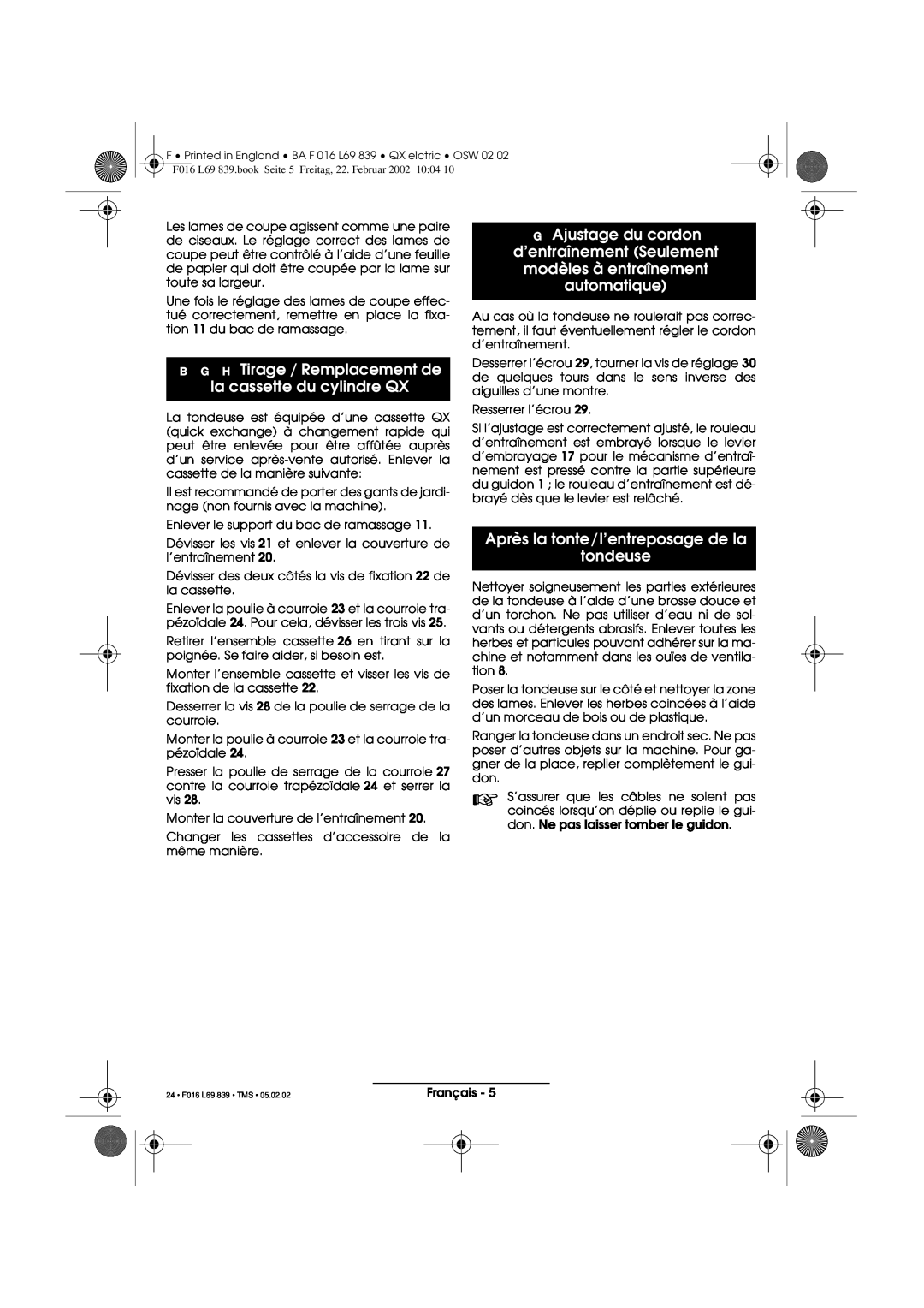 Atco operating instructions B G H Tirage / Remplacement de la cassette du cylindre QX, automatique, 24 F016 L69 839 TMS 