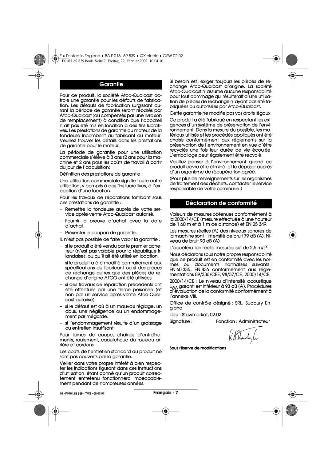 Atco QX operating instructions Déclaration de conformité, Garantie, 26 F016 L69 839 TMS 