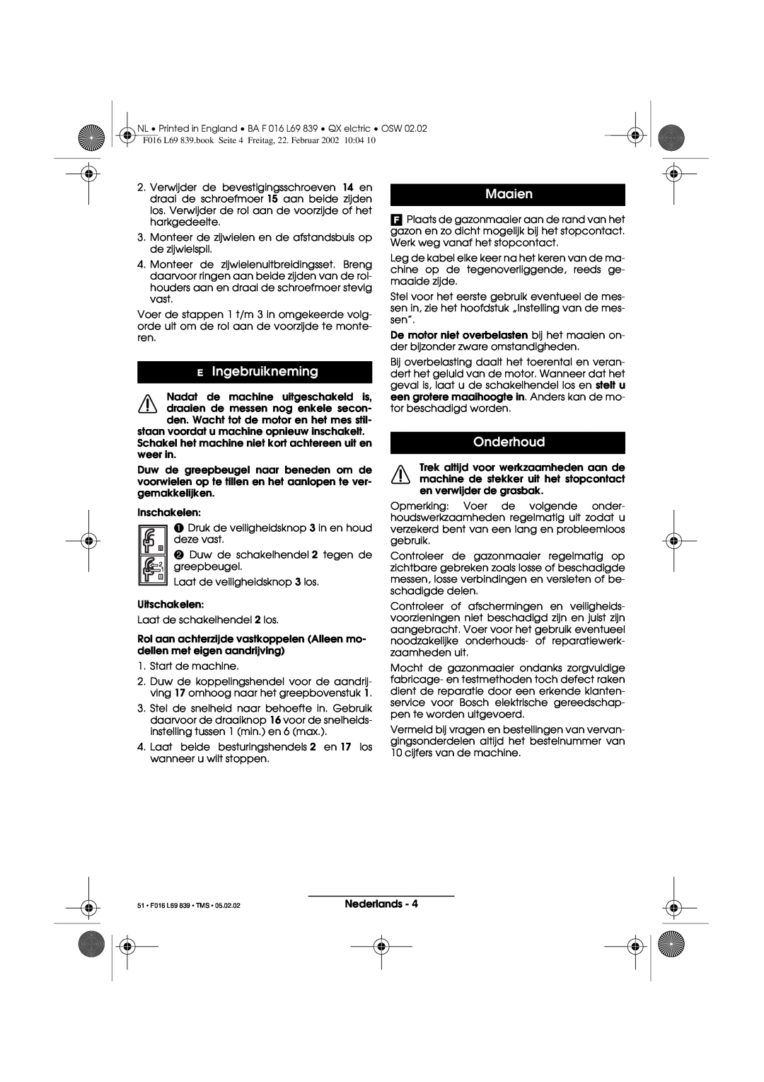 Atco QX operating instructions E Ingebruikneming, Maaien, Onderhoud, 51 F016 L69 839 TMS 