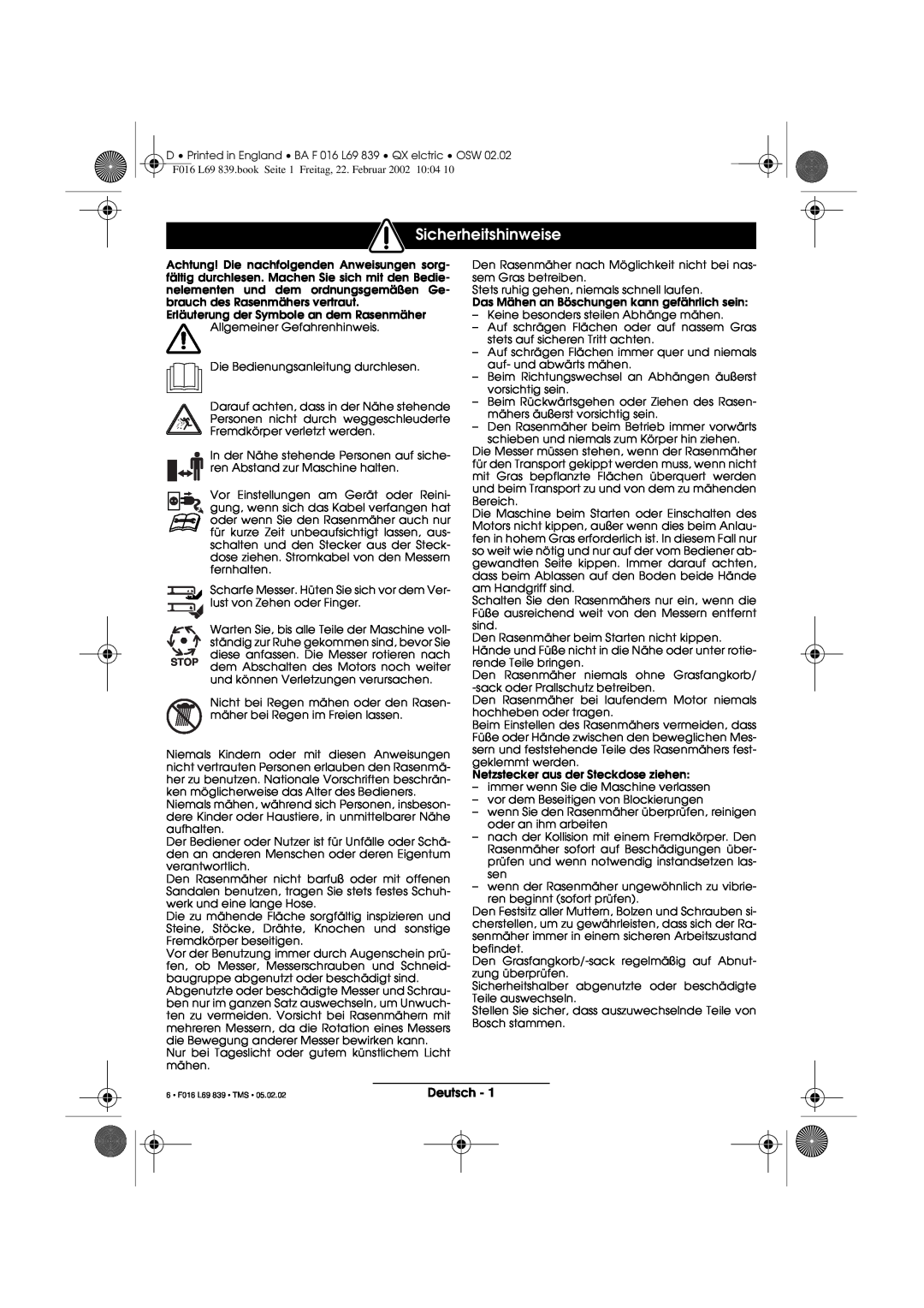 Atco QX operating instructions Sicherheitshinweise, Deutsch 