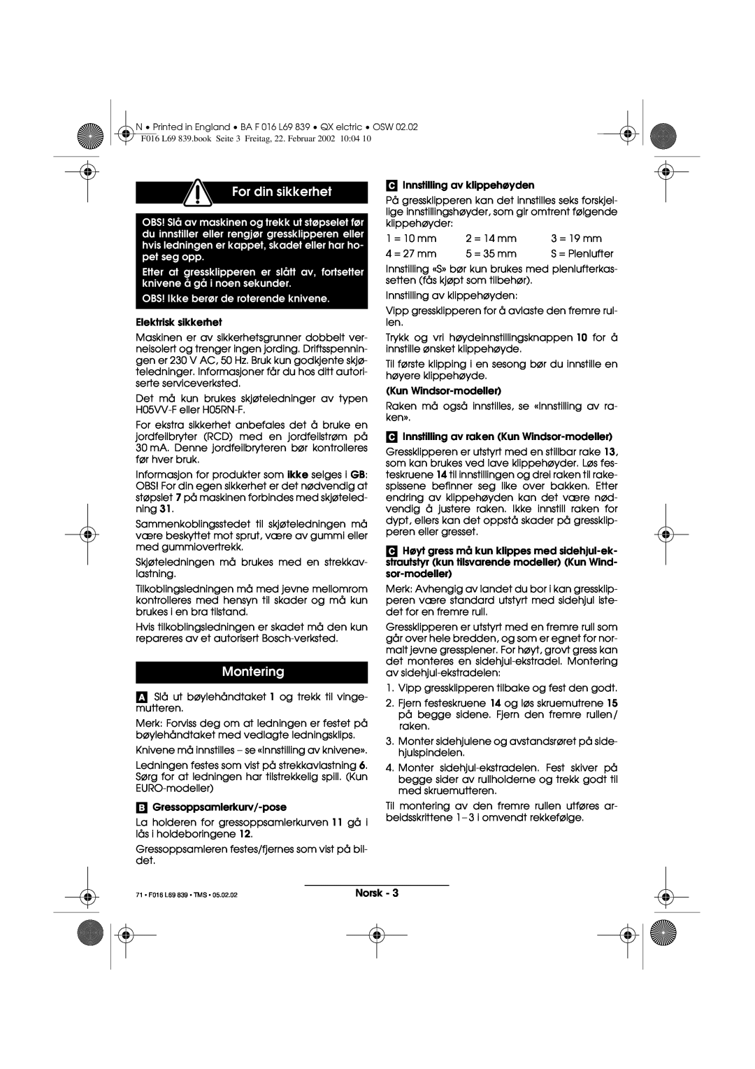 Atco QX operating instructions For din sikkerhet, Montering 