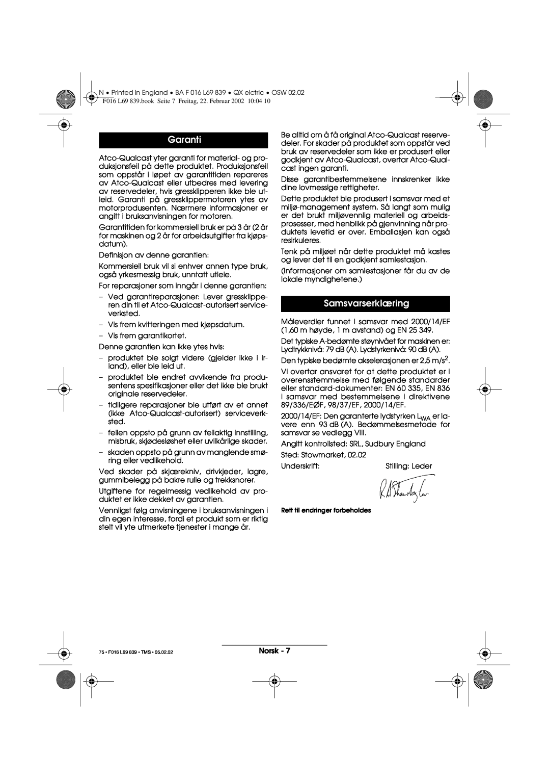 Atco QX operating instructions Garanti, Samsvarserklæring, 75 F016 L69 839 TMS 