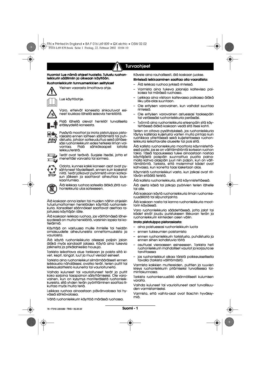 Atco QX operating instructions Turvaohjeet, Suomi 