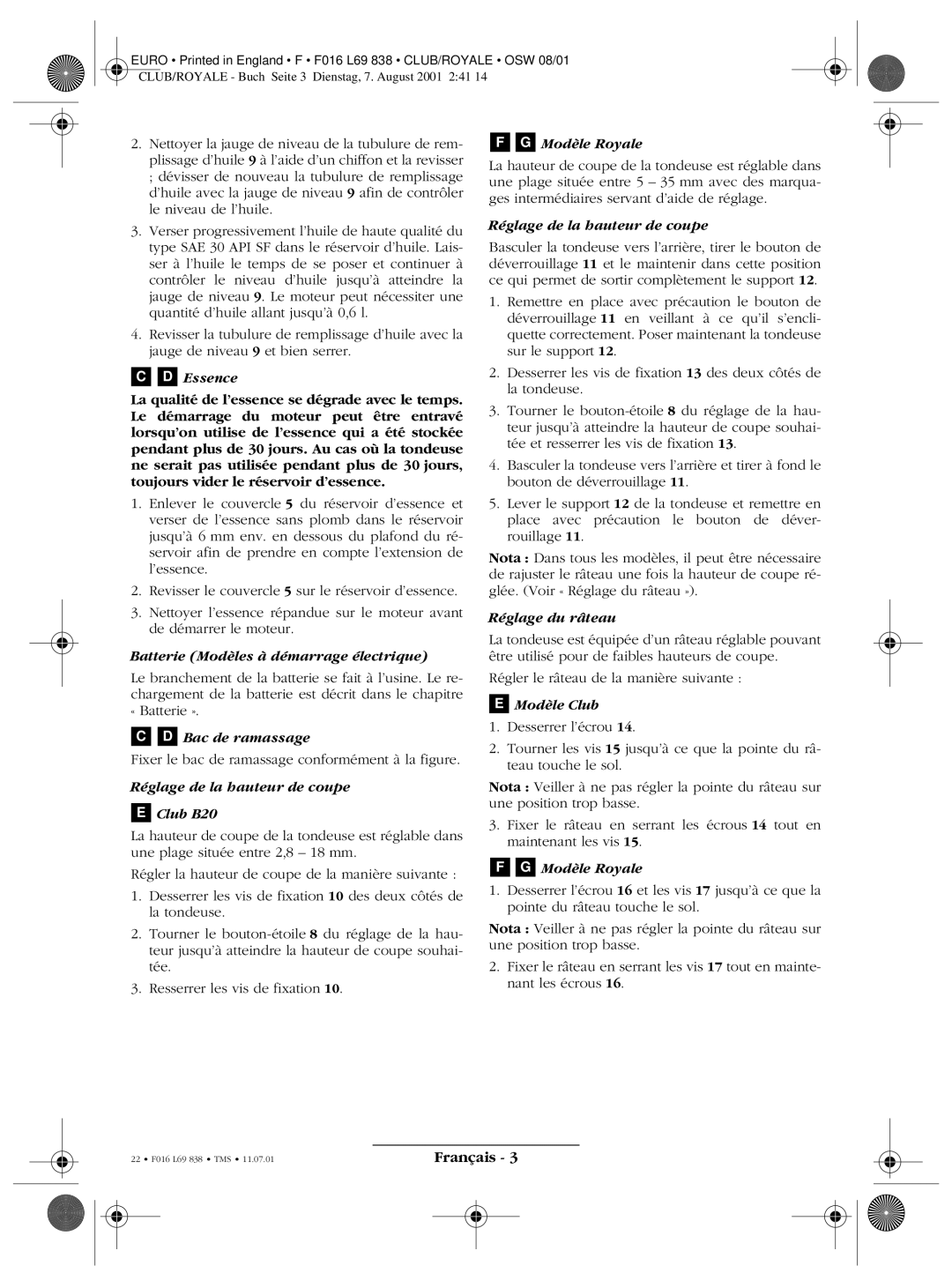 Atco ROYALE 20E I/C, ROYALE 24E I/C, ROYALE 30E I/C, CLUB 20 I/C PROFESSIONAL Essence, Bac de ramassage, Modèle Royale 