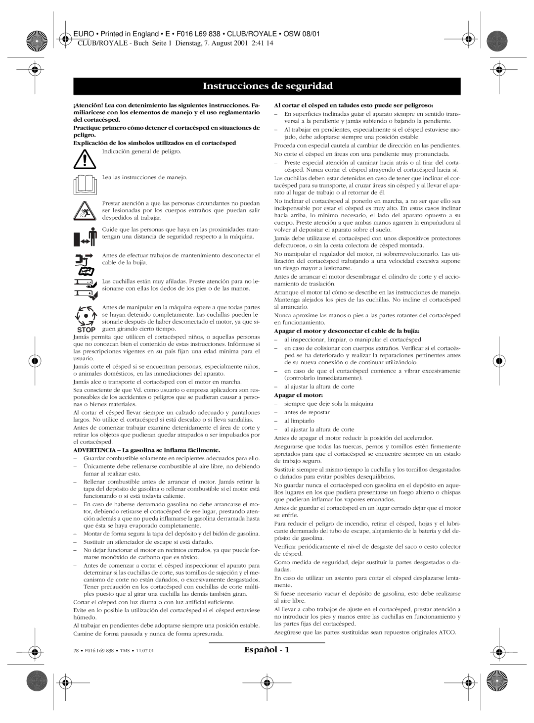 Atco ROYALE 20E I/C, ROYALE 24E I/C, ROYALE 30E I/C, CLUB 20 I/C PROFESSIONAL manual Instrucciones de seguridad, Español 