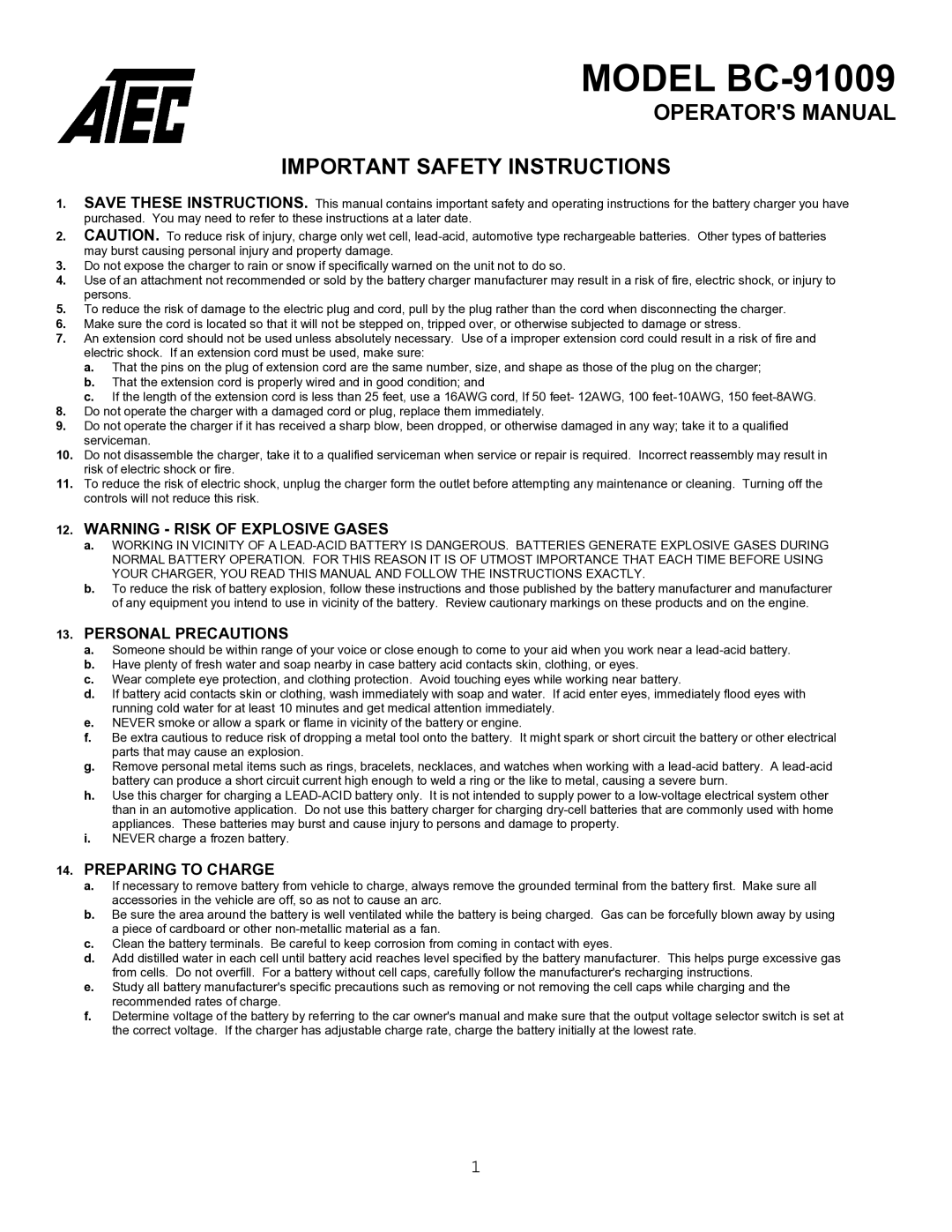 Atec BC-91009 manual Personal Precautions, Preparing to Charge 