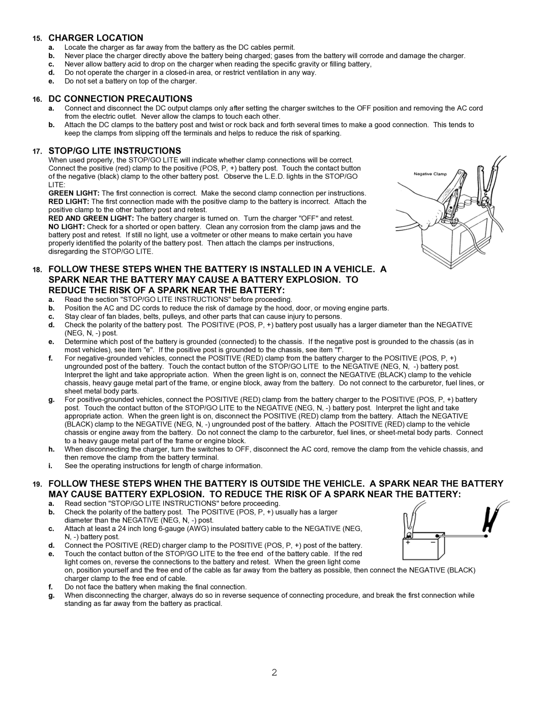 Atec BC-91009 manual Charger Location, DC Connection Precautions, STOP/GO Lite Instructions 