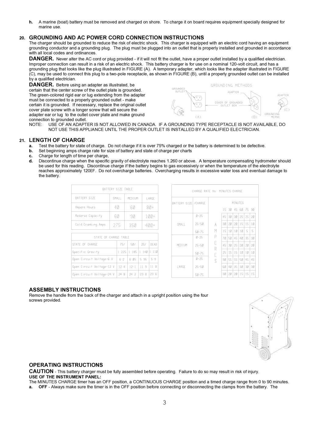 Atec BC-91009 manual Grounding and AC Power Cord Connection Instructions, Length of Charge, Assembly Instructions 