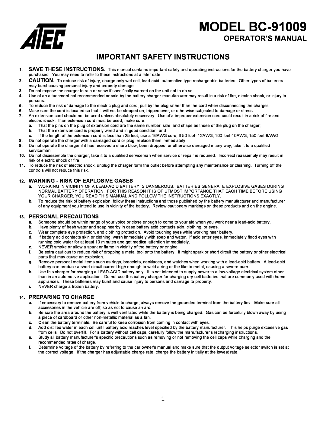 Atec manual Warning - Risk Of Explosive Gases, Personal Precautions, Preparing To Charge, MODEL BC-91009 