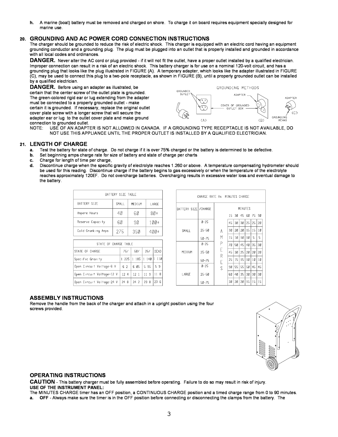 Atec BC-91009 manual Grounding And Ac Power Cord Connection Instructions, Length Of Charge, Assembly Instructions 