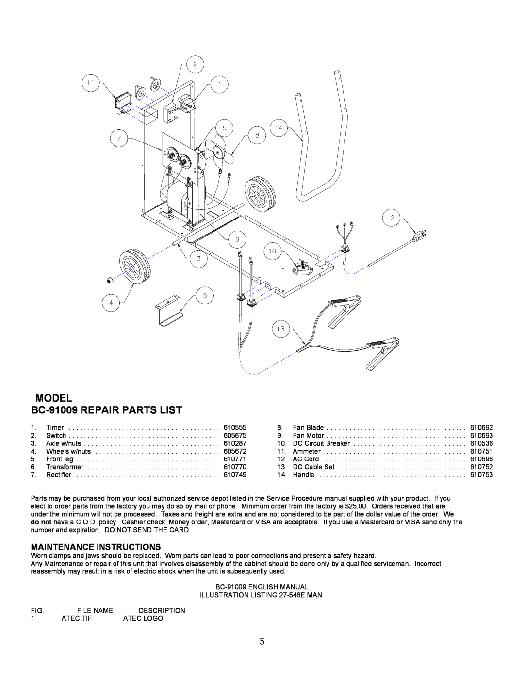 Atec manual Maintenance Instructions, MODEL BC-91009 REPAIR PARTS LIST 