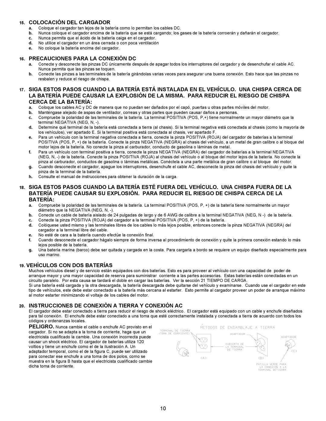 Atec BC-91182, 9182 manual Colocación DEL Cargador, Precauciones Para LA Conexión DC, Vehículos CON DOS Baterías 