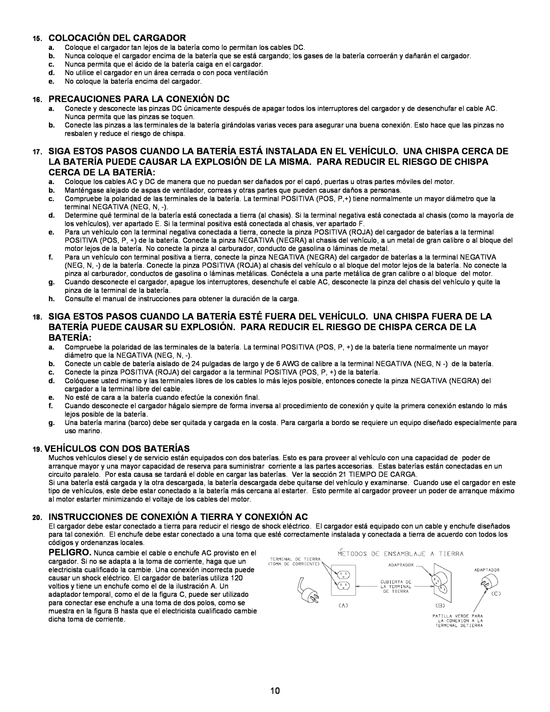 Atec BC-91182, 9182 manual Colocación Del Cargador, Precauciones Para La Conexión Dc, Vehículos Con Dos Baterías 