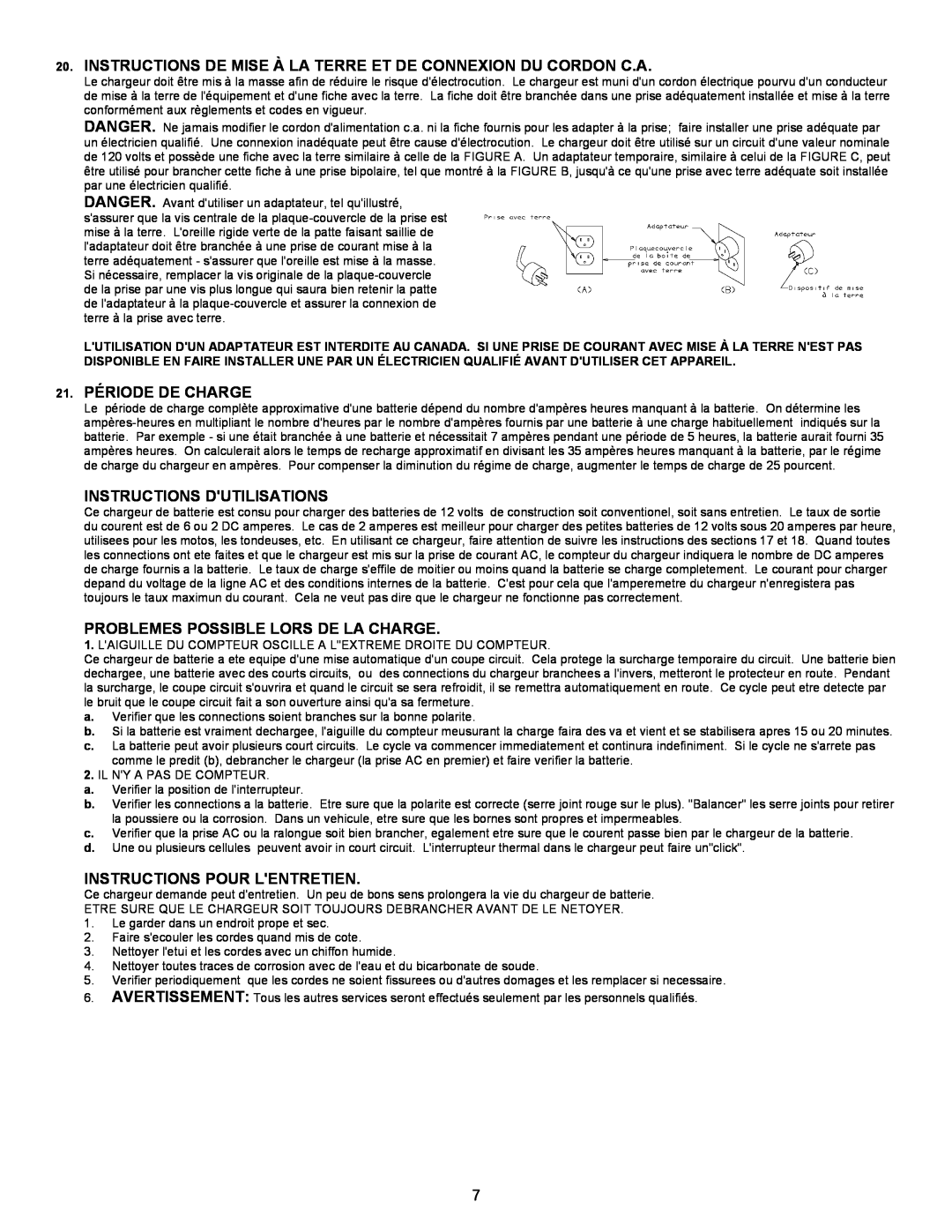 Atec 9182 Instructions De Mise À La Terre Et De Connexion Du Cordon C.A, 21. PÉRIODE DE CHARGE, Instructions Dutilisations 