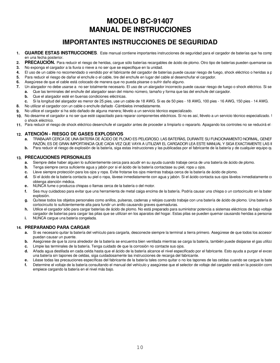 Atec manual Modelo BC-91407 Manual DE Instrucciones, Atención Riesgo DE Gases Explosivos, Precauciones Personales 