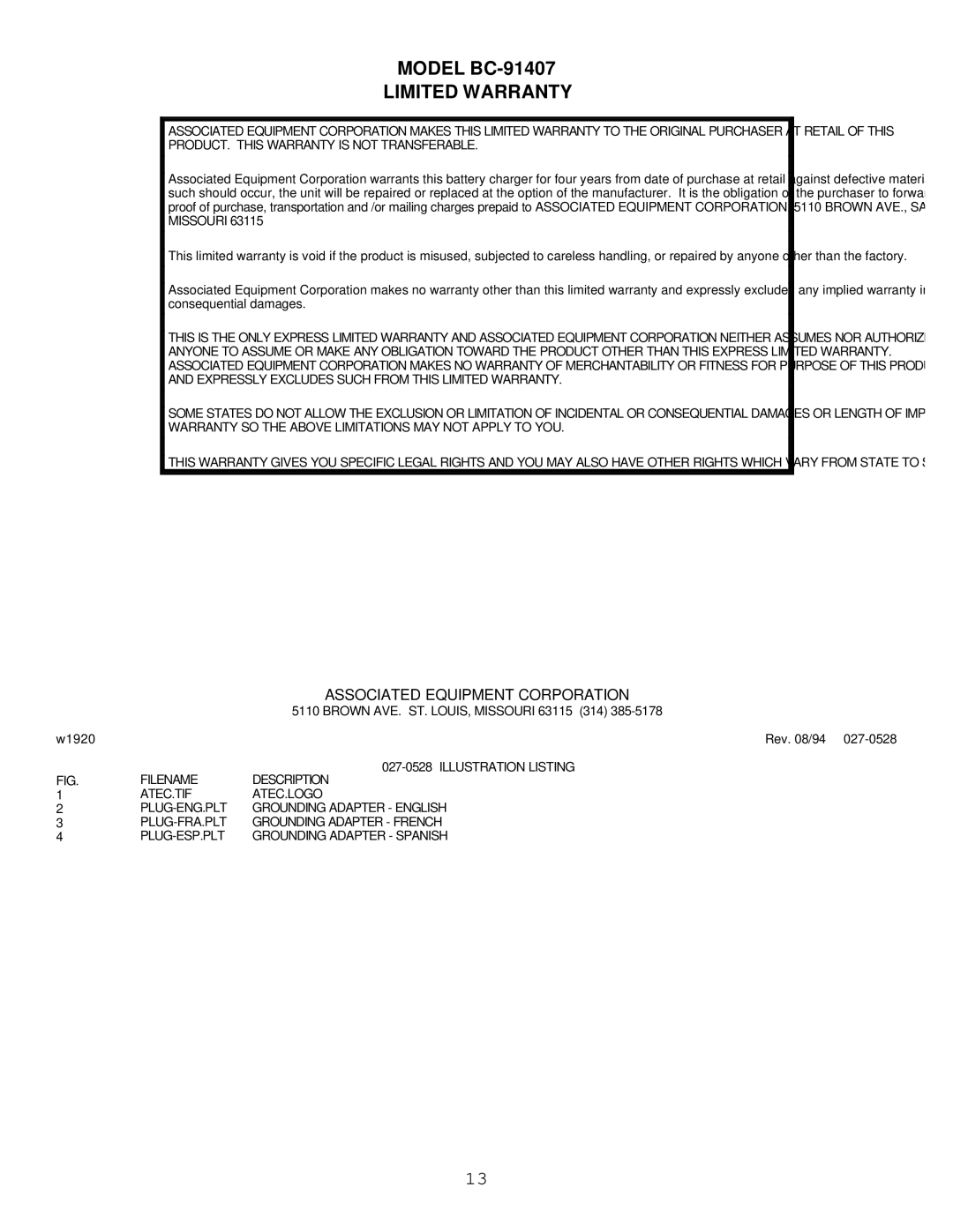 Atec BC-91407 manual Limited Warranty, Associated Equipment Corporation 