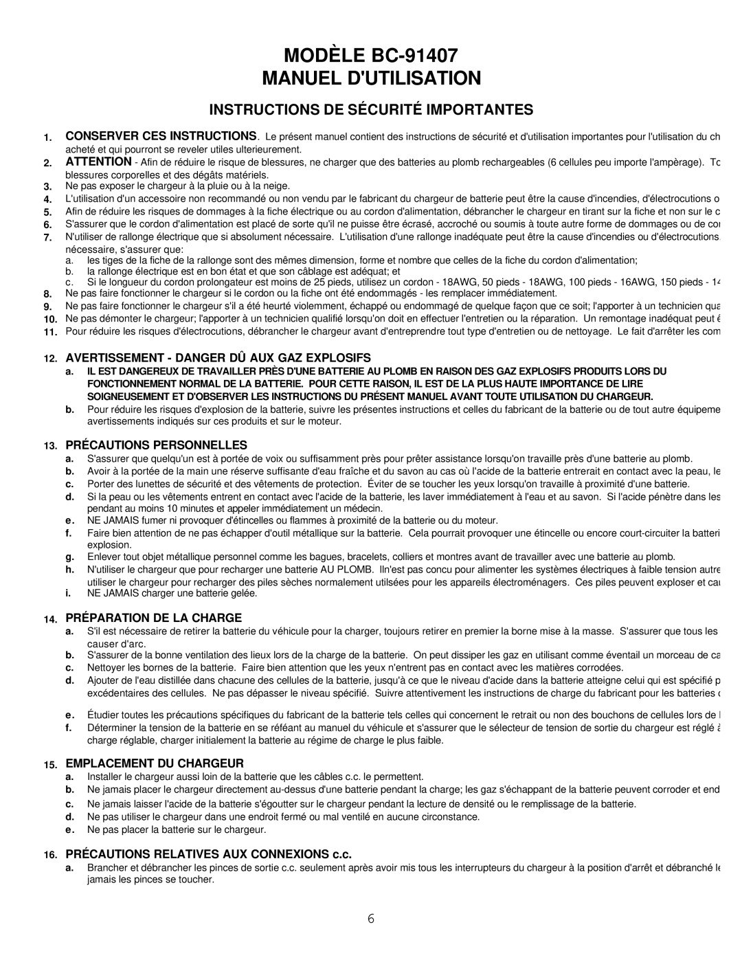 Atec manual Modèle BC-91407 Manuel Dutilisation, Instructions DE Sécurité Importantes 