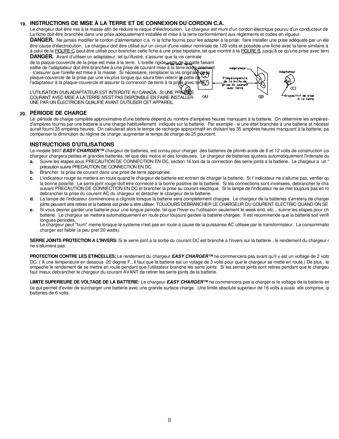 Atec BC-91407 manual 20. Période DE Charge, Instructions Dutilisations 