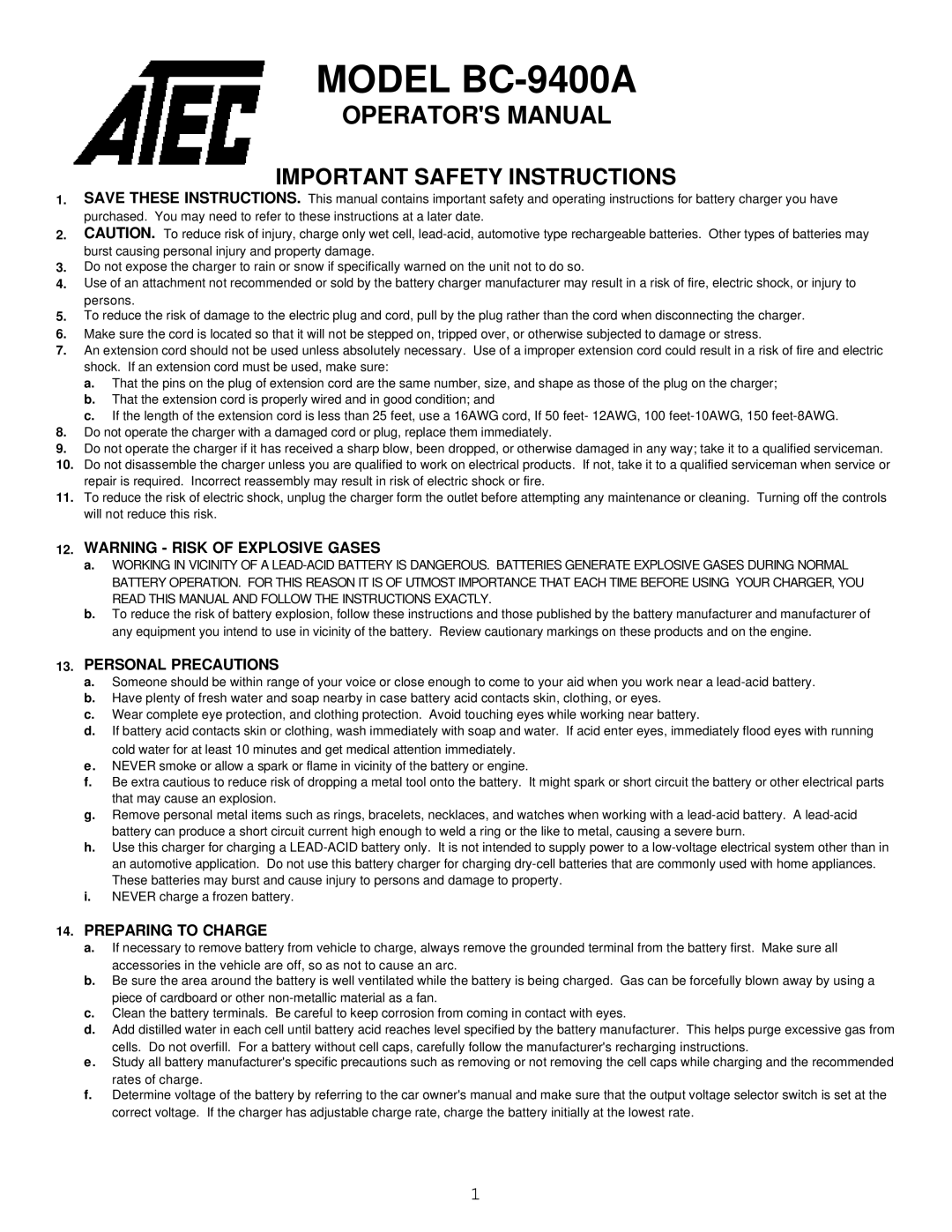 Atec BC-9400A manual Personal Precautions, Preparing to Charge 