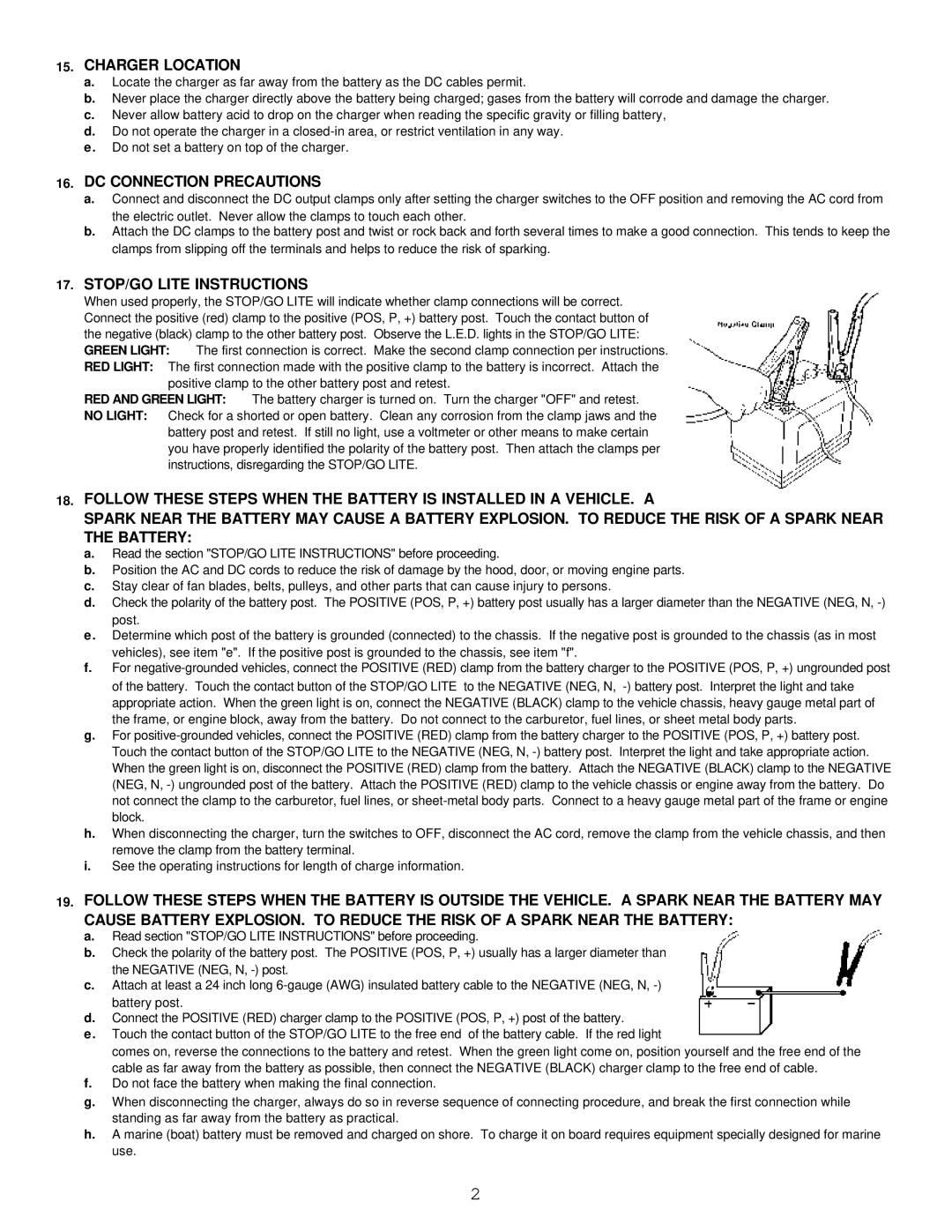 Atec BC-9400A manual Charger Location, DC Connection Precautions, STOP/GO Lite Instructions 