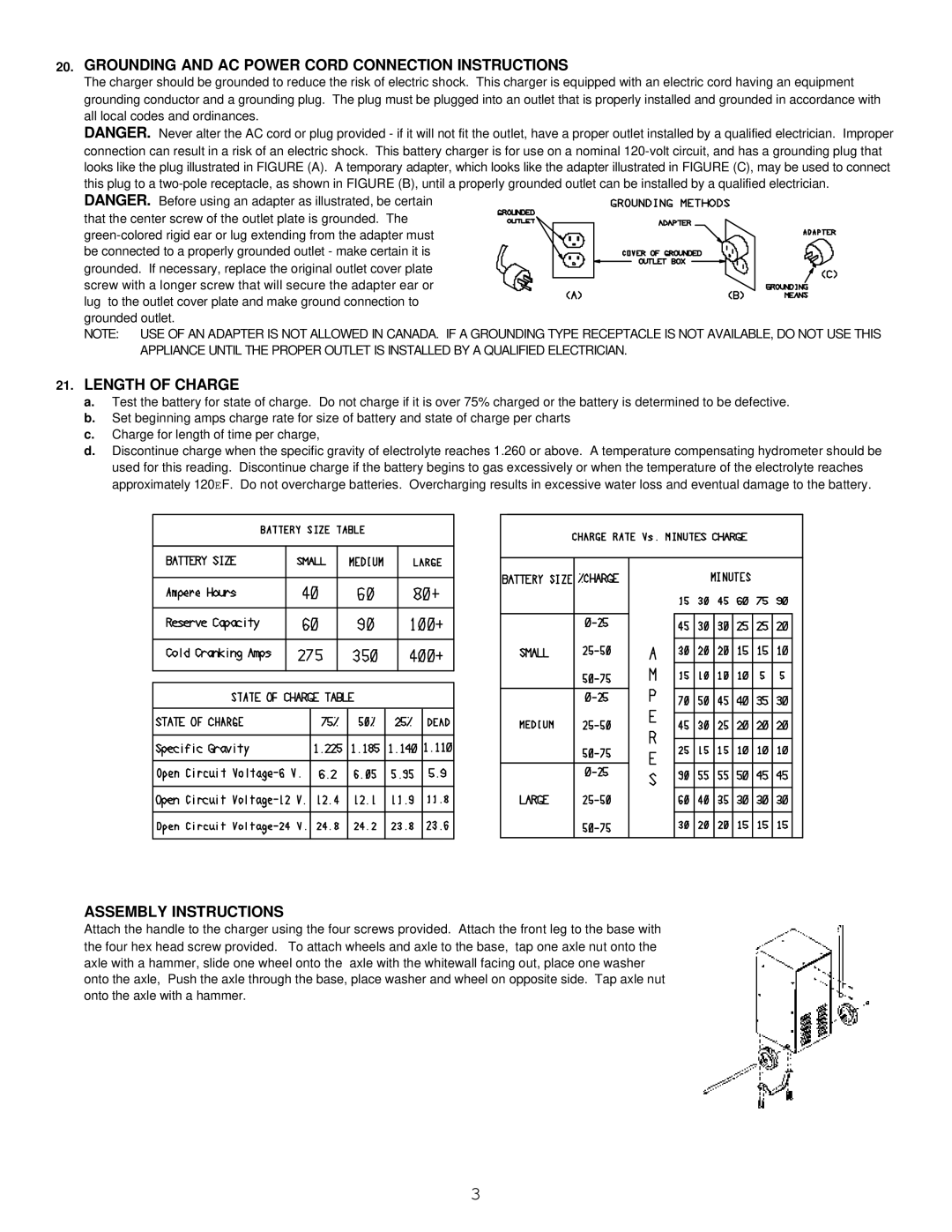 Atec BC-9400A manual Grounding and AC Power Cord Connection Instructions, Length of Charge, Assembly Instructions 