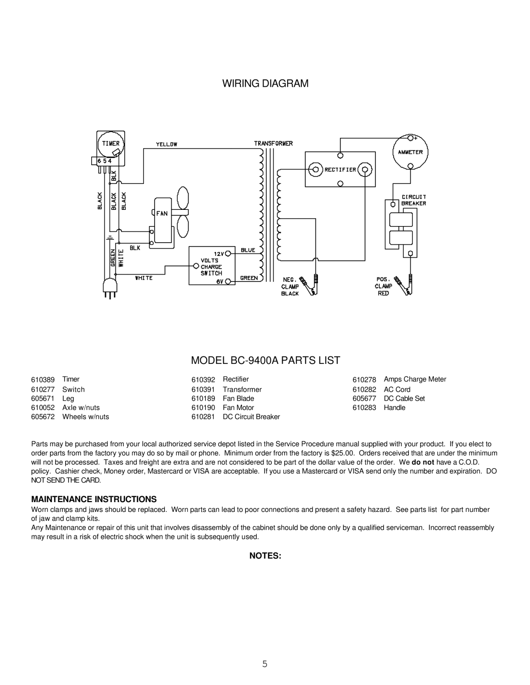 Atec manual Wiring Diagram Model BC-9400A Parts List, Maintenance Instructions 