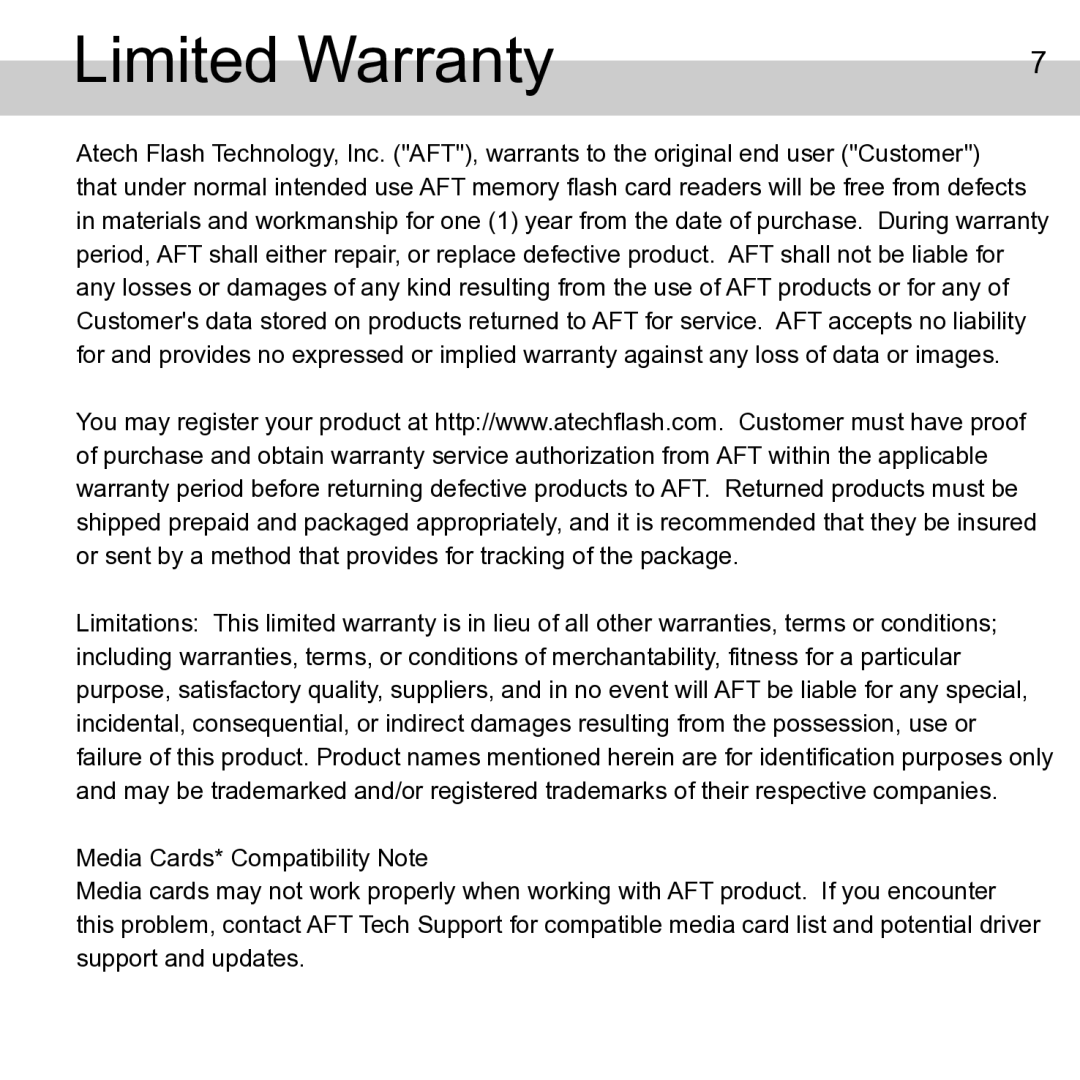 Atech Flash Technology XP-14 manual Limited Warranty 