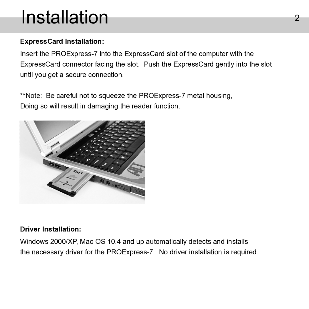 Atech Tech PROExpress-7 manual Installation2, ExpressCard Installation, Driver Installation 