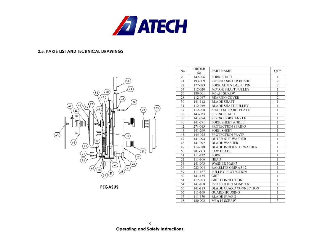 Atech Tech SKAT-02 M, PEGASUS-02 M, SKAT-02 P, PEGASUS-02 P manual Parts List and Technical Drawings Pegasus 