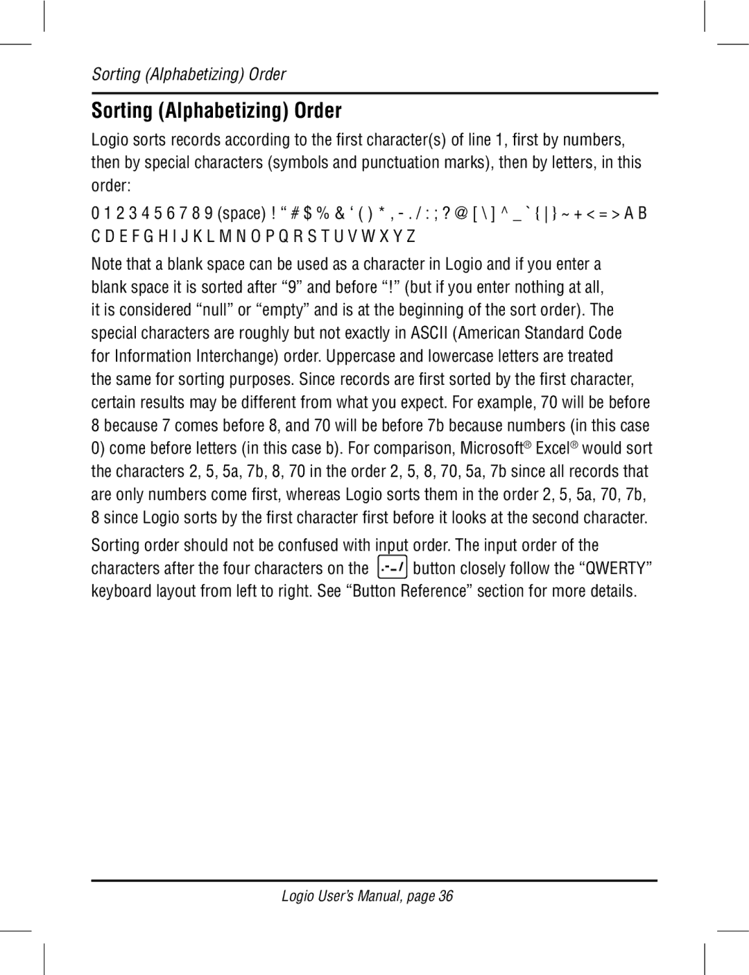 Atek electronic LG10B, LG10W user manual Sorting Alphabetizing Order 