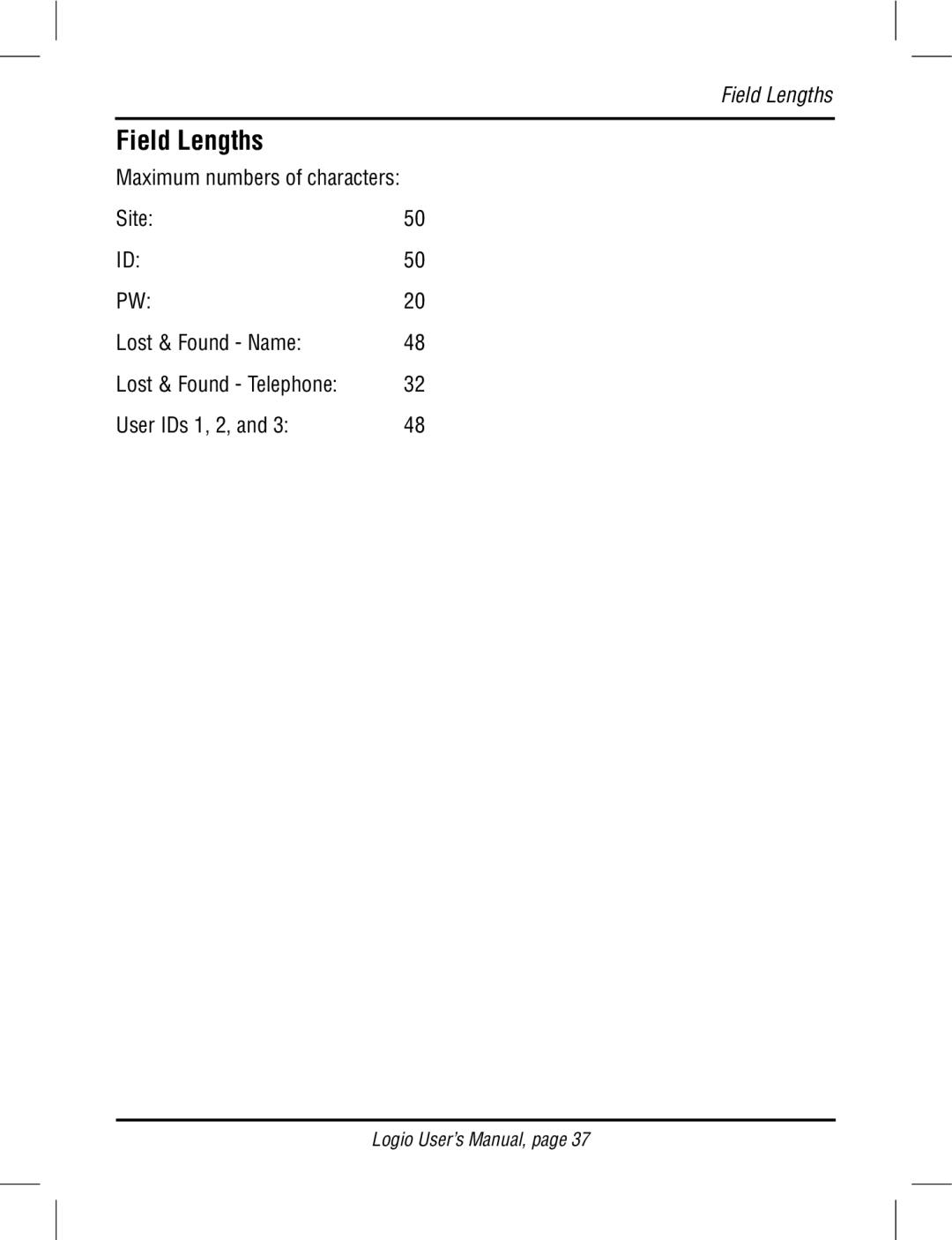 Atek electronic LG10W, LG10B user manual Field Lengths 