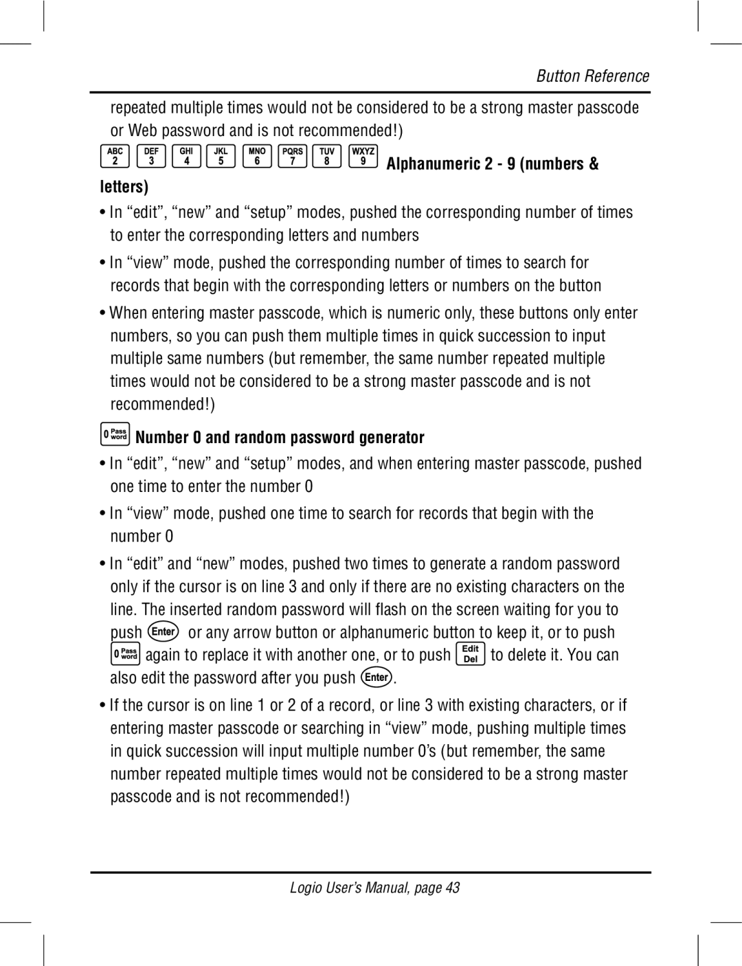 Atek electronic LG10W, LG10B user manual Alphanumeric 2 9 numbers & letters, Number 0 and random password generator 