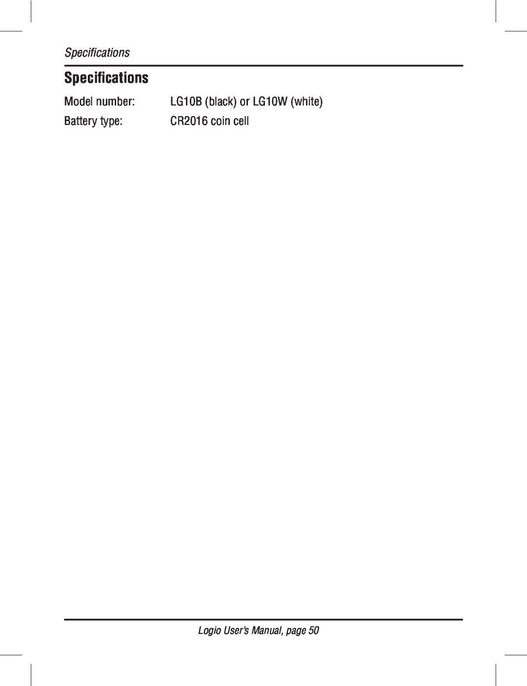 Atek electronic LG10B, LG10W user manual Specifications, Logio User’s Manual, page 